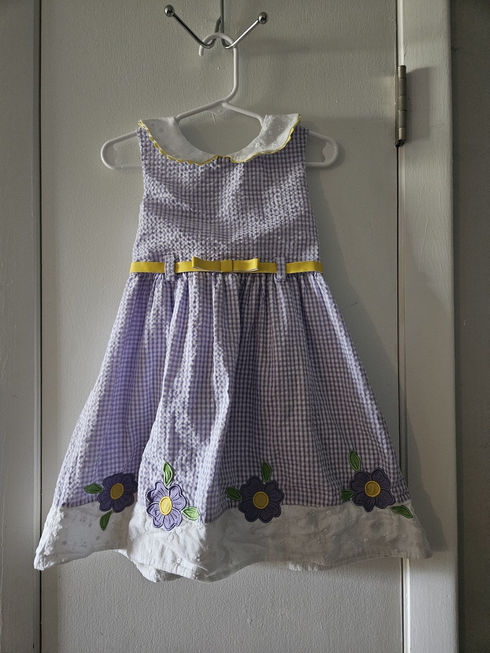 Blueberi Boulevard Lilac Gingham Bow Waist Violet Flower Appliqué Dress